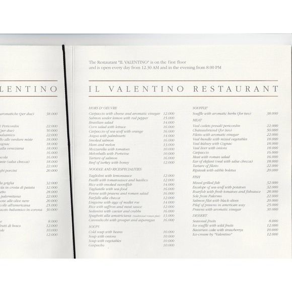 HOTEL VALADIER ROMA RISTORANTE IL VALENTINO COCKTAIL PIANOBAR ROOF GARDEN MENU - Picture 4 of 6